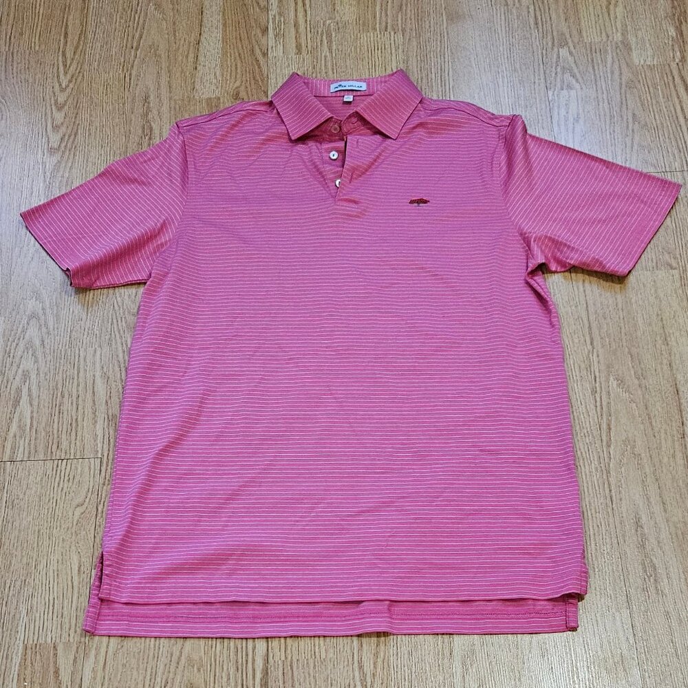 Men's Peter Millar Golf Polo - Salmon & Grey Stripe - Medium - LIKE NEW